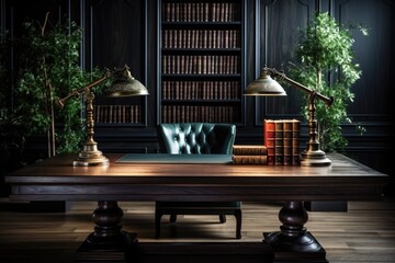 Front view Office desk with office tools, computer laptop on wood table background with copy space. Generative AI