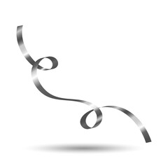 Decorative silver curling ribbon element. Christmas, New year, Birthday, Valentine's, Wedding, Holiday or Event decoration.  Isolated on white background with shadow. Realistic vector illustration.