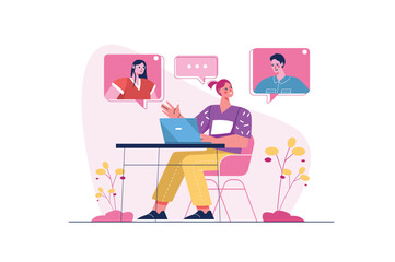 Video communication concept with people scene in the flat cartoon design. The manager contacted all employees via video link. Vector illustration.