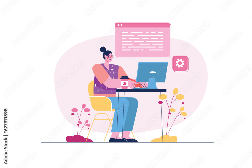 Aufkleber Programming concept with people scene in the flat cartoon design. A programmer writes code for applications and digital resources. Vector illustration.