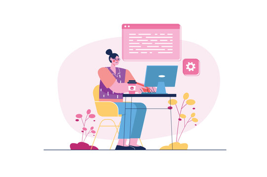 Programming concept with people scene in the flat cartoon design. A programmer writes code for applications and digital resources. Vector illustration.