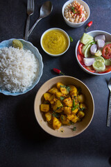 Ready to eat Indian veg lunch menu served. Top view, selective focus.