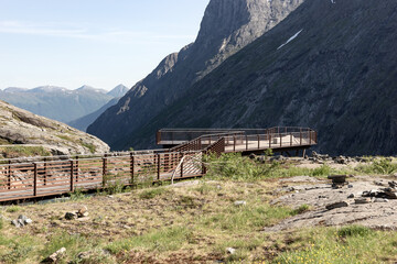 Trollstigen viewpoint platform. Trollstigen is a serpentine mountain road in Rauma Municipality in...