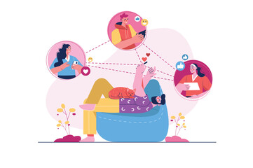 Social network concept with people scene in the flat cartoon design. A guy communicates with friends on social networks. Vector illustration.