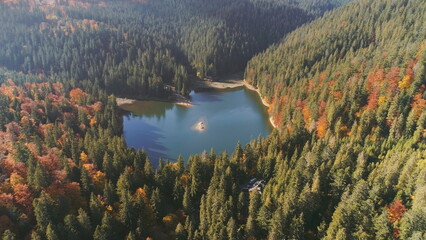 wonderful mountain lake with small island surrounded by dense mixed forests on sunny autumn day...