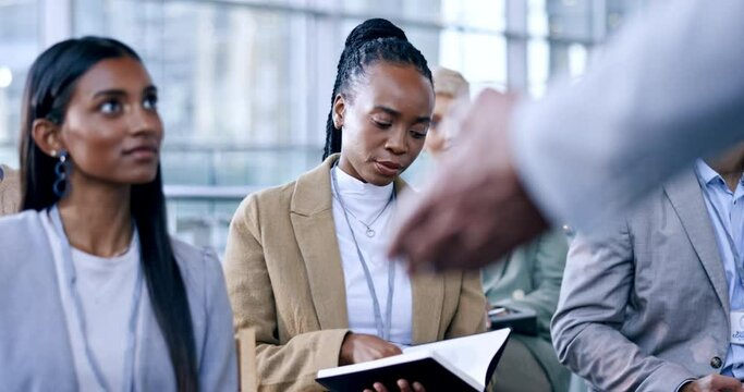 Learning, question or business people in seminar for education or coaching in company. Mentorship, speaker or team of employees asking or taking note of group training info in notebook in office