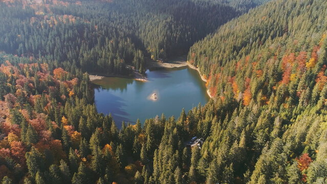wonderful mountain lake with small island surrounded by dense mixed forests on sunny autumn day aerial view. Carpathian mountains, Ukraine beauty nature. Travel, summer holidays.