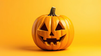 Carved Halloween Pumpkin with Spooky Face on Vibrant Yellow Background - Seasonal Celebration. Generative AI