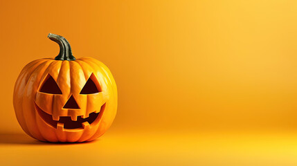 Carved Halloween Pumpkin with Spooky Face on Vibrant Yellow Background - Seasonal Celebration. Generative AI