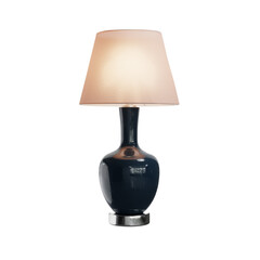 A black lamp with a white shade. The lamp is sitting on top of a beige surface, and the shade is...