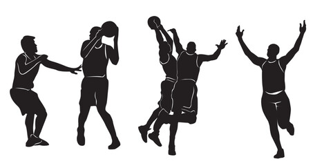 Vector silhouette of a male basketball player holding a ball, two basketball players silhouettes of a male sports player