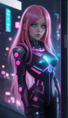 Portrait of young cyber woman with neon glowing armor and elements. Cyberspace Augmented Reality, futuristic vision. 3d render on gradient backdrop.