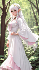 Fototapeta premium Elf girl in dress walking in fantasy fairy tale elf forest