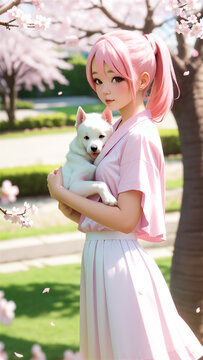 Japanese pretty anime young girl. Anime girl in white traditional dress. Sakura trees and japanese theme.