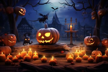 Halloween Pumpkins And Skeleton In Grave. Skull monster and halloween pumpkin