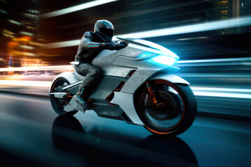 Obraz premium A motion blur of a robot driving a futuristic motorbike. Generative AI