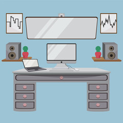 Modern workplace in room. Home workspace with objects, equipment. Flat style illustration with long shadow.