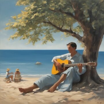 a picture of a person holding a guitar and singing a song with a serene rhythm under a quiet tree with the soothing sound of ocean waves