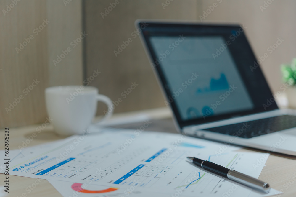 Poster market report and statistics analyzing financial data and trends for business graphs and charts grow