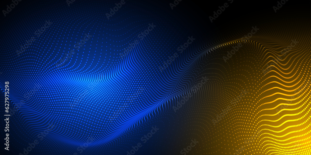 Poster abstract futuristic blue and yellow wave with moving dots. flow of particles with glitch effect. ide