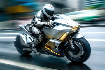 Fototapeta premium A motion blur of a robot driving a futuristic motorbike. Generative AI