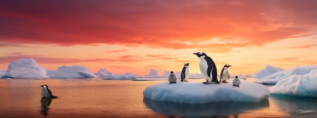 family of penguins on a melting ice floe representing climate change and global warming