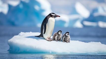 penguin with his children on a melting ice floe representing climate change and global warming - obrazy, fototapety, plakaty