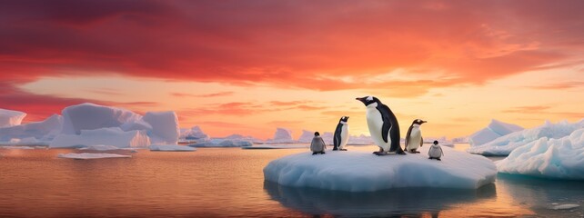 penguin with his creatures on a melting ice floe representing climate change and global warming