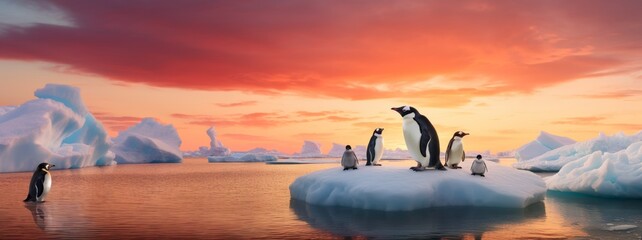 penguin with his creatures on a melting ice floe representing climate change and global warming