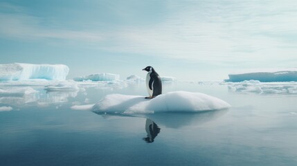 A lone penguin on a melting ice floe representing climate change and global warming