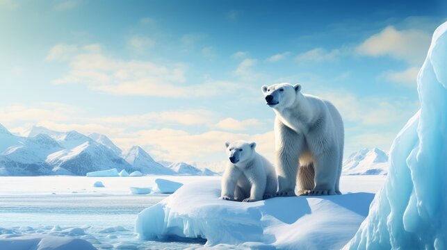 A polar bear with her cub on a melting ice floe representing climate change and global warming