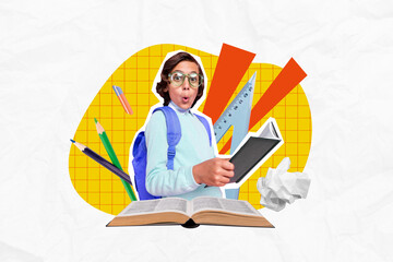 Collage picture template illustration of funny young schoolboy read books literature supplies studying tools isolated on plaid background
