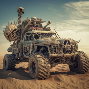Crazy vehicle monster truck, made from bones, madmax steampunk style in desert