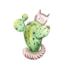 Hand-drawn watercolor illustration on a white background. A cute striped cat is playing with a big green cactus. An element for children design.
