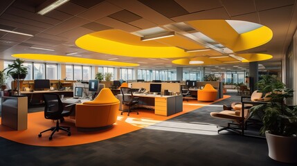 Interior of modern office with yellow color tone. Generative ai