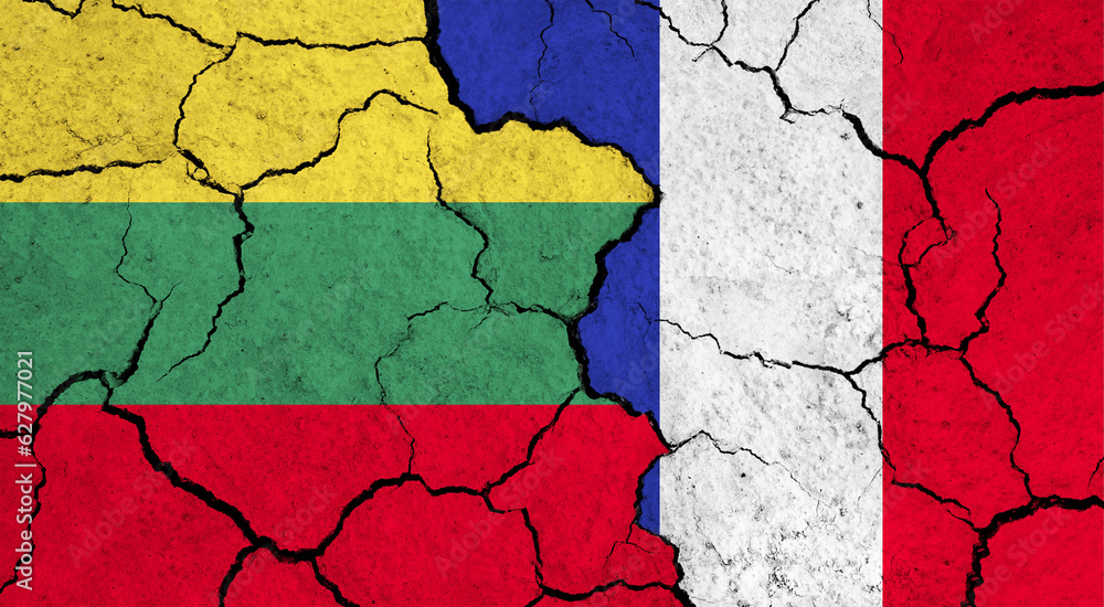 Wall mural flags of lithuania and france on cracked surface - politics, relationship concept