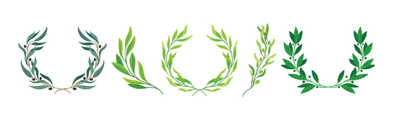 Green Twig and Wreath of Branch with Leaves Vector Set