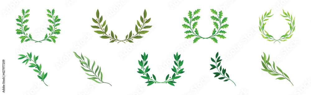 Poster green twig and wreath of branch with leaves vector set