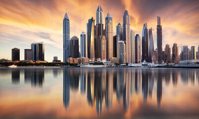 Dubai Marina panorama at sunrise, nobody. United Arab Emirates