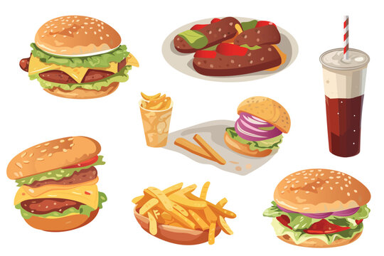 Set of burgers. Deliciously cartoon illustration featuring a set of flat-design burgers. With their colorful toppings, perfectly toasted buns, and juicy patties. Vector illustration.