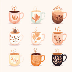 Cup collection of Fresh Coffee. Vector Illustration. Flat Style. Decorative Design for Cafeteria, Posters, Banners, Cards