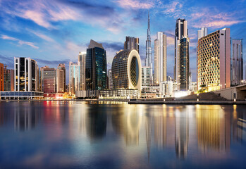 Panorama of skyline downtown Dubai at night, United Arab Emirates