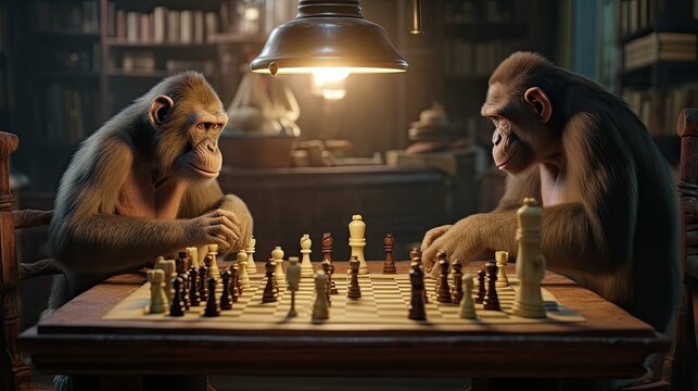 Two monkeys playing chess in a dark room, ai generative