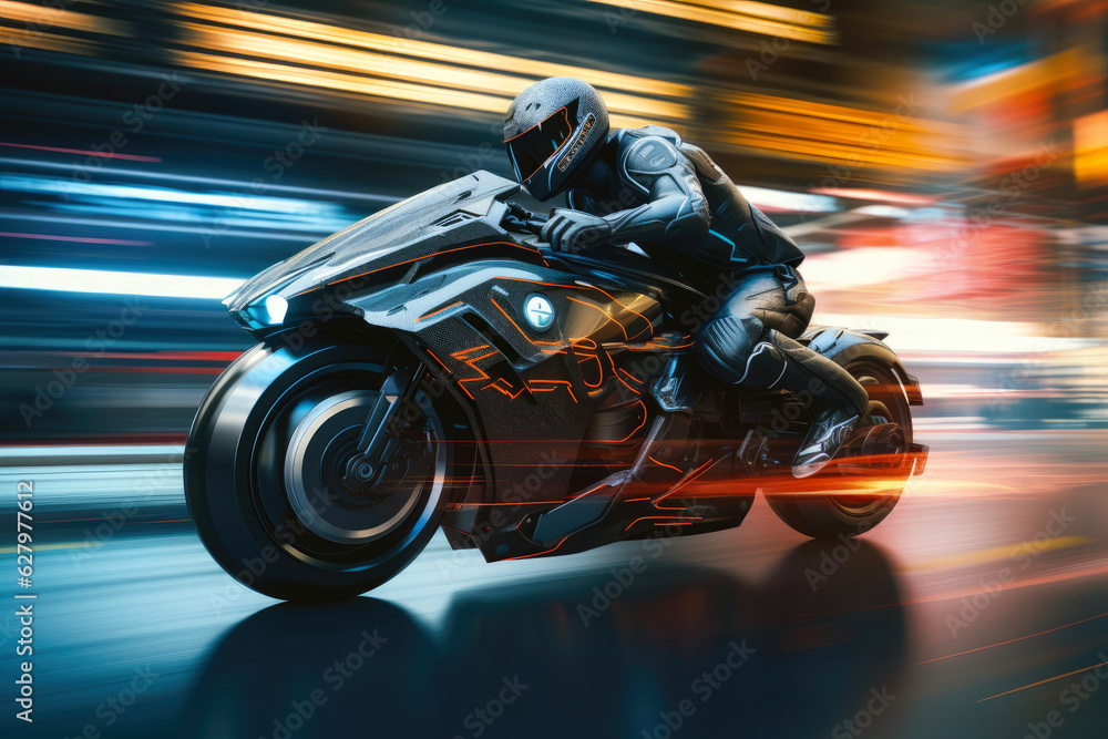 Poster a motion blur of a robot driving a futuristic motorbike. generative ai