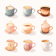 Cup collection of Fresh Coffee. Vector Illustration. Flat Style. Decorative Design for Cafeteria, Posters, Banners, Cards