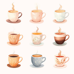 Cup collection of Fresh Coffee. Vector Illustration. Flat Style. Decorative Design for Cafeteria, Posters, Banners, Cards