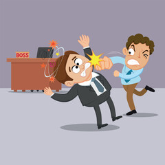 Male employee fighting and punching boss. boss and employee have conflict, illustration vector cartoon
