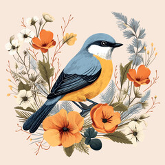 Bird with flowers. Vector illustration. Abstract illustration.