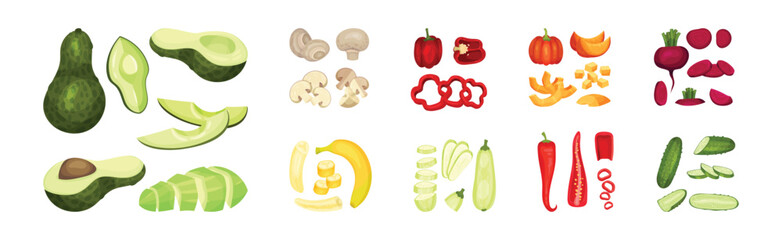 Raw Vegetable Sliced or Chopped as Cooking Ingredient Vector Set