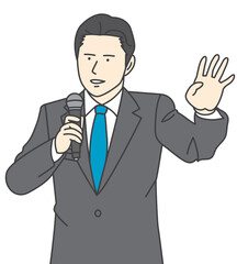 A man in a suit talking with a microphone